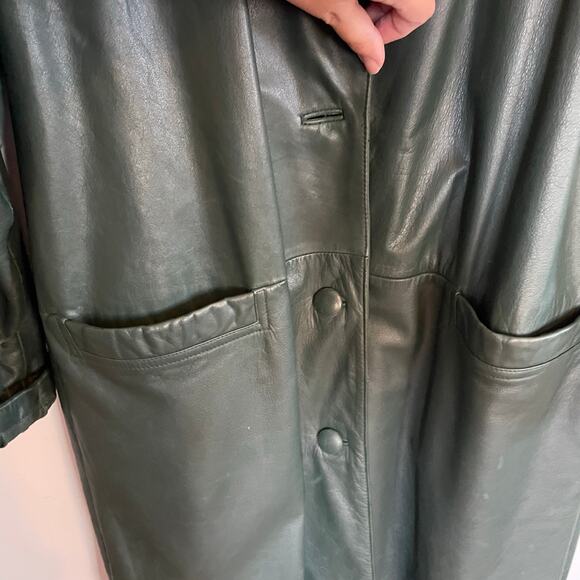 VTG Green 100% Leather Trench Coat Jacqueline Ferrar Forest Green SZ LARGE EUC - Picture 8 of 12